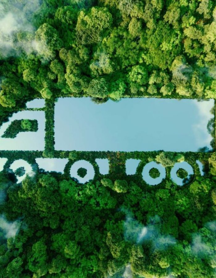 A truck-shaped lake in the midst of pristine nature, illustrating the concept of clean, greenhouse-free transport in the form of electric, hybrid or hydrogen propulsion. 3d rendering.